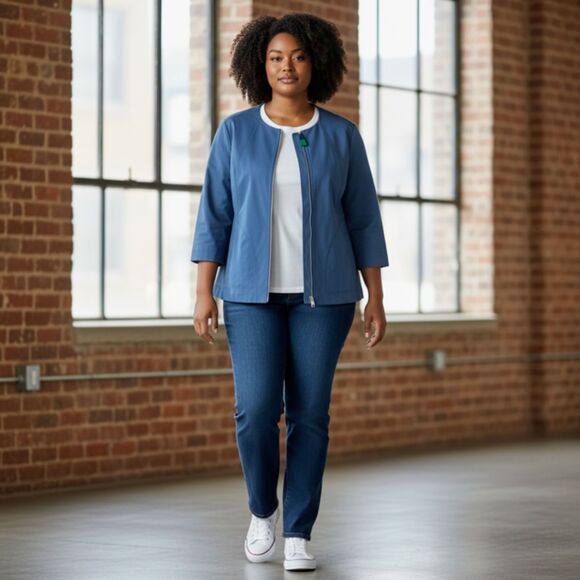 Lafayette 148 NY Collarless Zip Jacket Majolica Blue 3X NWT $598 Stretch Cotton - Picture 11 of 11